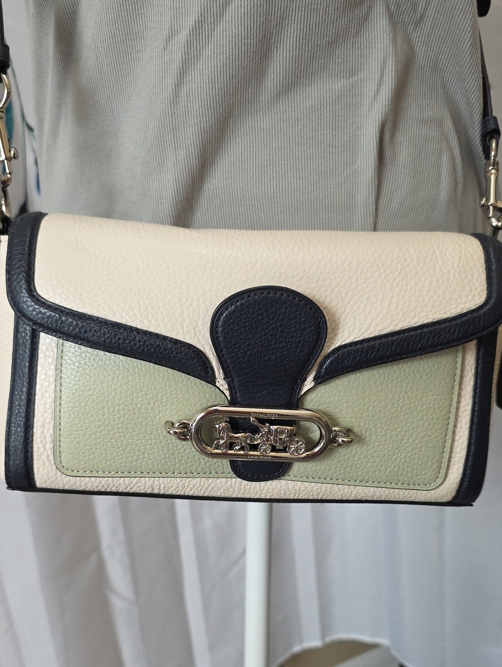 Coach Cream, Pale Green and Navy Pebble Leather Crossbody Bag
